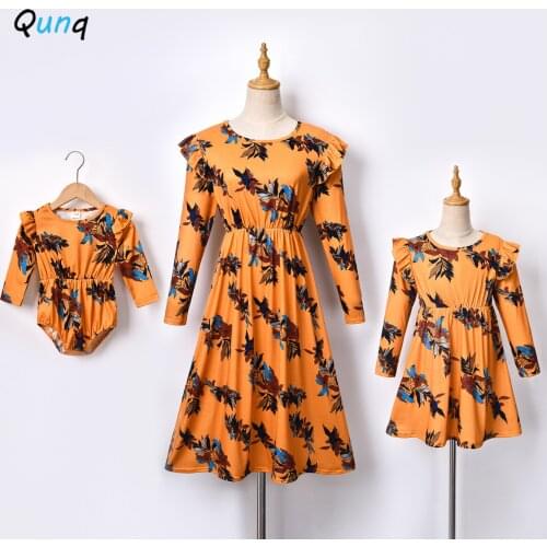 Qunq Long Sleeve Mother Daughter Dress 2021 New Floral Print Spring Fall Mommy and Me Mathcing Clothing Casual Family Outfits