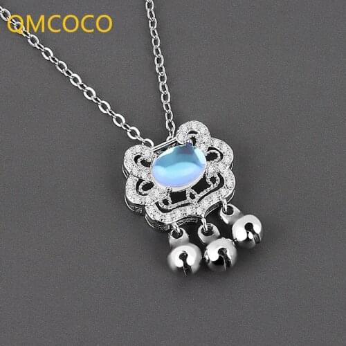925 Silver Women Blue Stone Jewelry Long-Life Lock Necklace Vintage Simple Small Belll Pendant Necklace Party Birthday Gifts