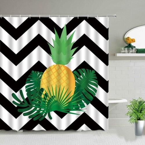 Black and White Stripes Pineapple Palm Leaf Print Shower Curtain Set Tropical Fruit Pattern Waterproof Home Bathroom Curtains