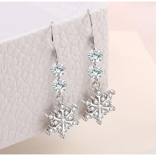 Simple Female Crystal Earring Silver Color Snowflake Zircon Long Tassel Earrings for Women Girl Fashion Statement Jewelry