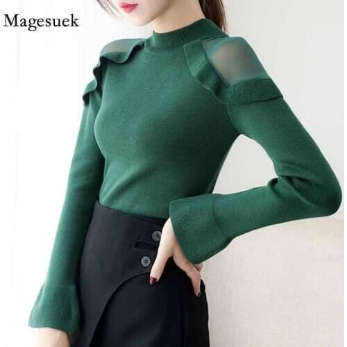 Flare Sleeve Korean Slim Fit Turtleneck Women Sweaters New Fashion Off Shoulder Womens Sweater 2020 Autumn Pull Femme 6387 95