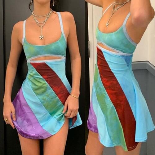 Women Spaghetti Strap Sexy Cutout Striped Patchwork A-Line Slim Mini Beach Dress
