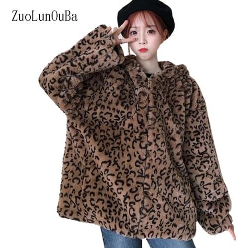 Winter Coat Thick Warm Coat Long Sleeve Sweatshirt Leopard Print Loose Hoodie Women Zipper Soft Coral Fleece Pullover Tops