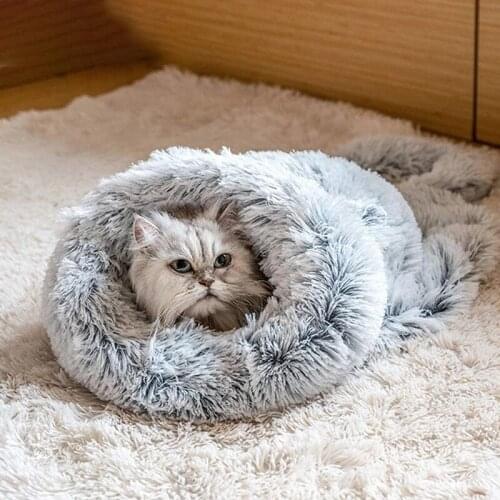 Winter Long Plush Pet Cat Beds Round Cat Cushion House 2 In 1 Self Warming Cats Sack Cozy Cat Sleep Bag Basket For Small Cat Dog