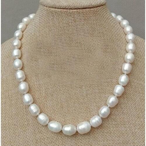 10mm white baroque oval rice pearl necklace natural Freshwater PEARL Women Jewelry 35cm 43cm 15'' 17