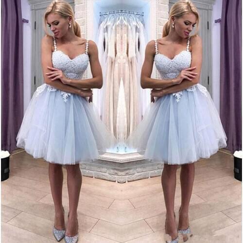 2020 Cheap Spaghetti Straps Gray Blue Lace A Line Homecoming Dresses Tulle Applique Knee Length Short Prom Cocktail Dresses