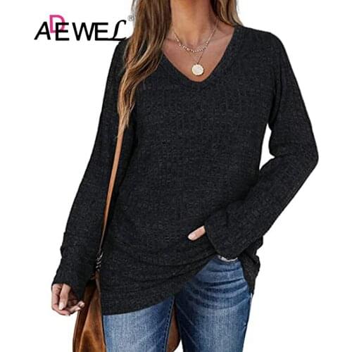 ADEWEL 2020 Autumn And Winter V Neck Pit Strip Casual Knitted Top Plus Size Solid Color Long Sleeve Women Oversized T Shirt 2XL