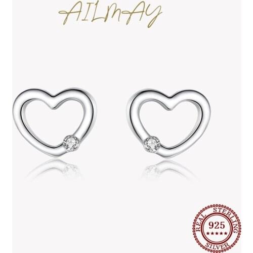 Ailmay New Simple 925 Sterling Silver Heart Fashion Romantic Stud Earrings For Women Girls Anti-allergy Fine Jewelry Gifts