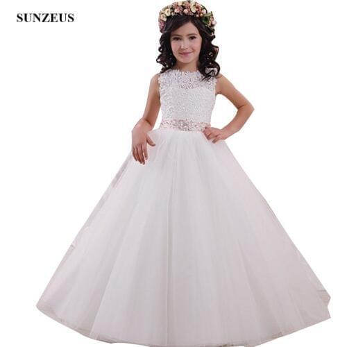 Ball Gown Tank Sleeveless Flower Girl Dresses Custom-made Lace Long Tulle Children Party Gowns For Wedding FLG099