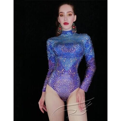 Sparkly Blue Rhinestone Jumpsuit For Women Birthday Party Celebrate Long Sleeve Bodysuit Female Singer Stage Rave Outfit DQL4810