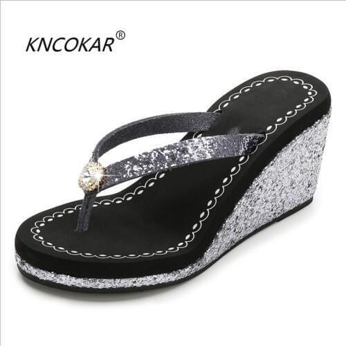 KNCOKAR New style ladies cool slippers summer sequins with drill ramps and antiskid beach flip-flops hot style