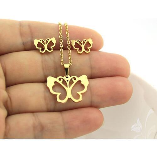 1 Set Golden Stainless Steel Set Hollow Butterfly Charms Insect Earrings Necklace Sets for Women Girls Kids Gift