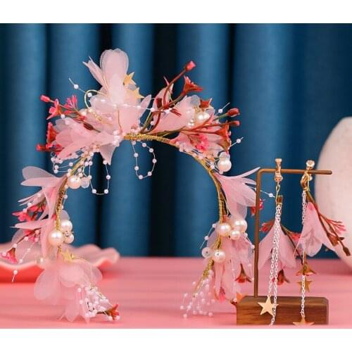 Pearls Pink Flower Girls Headband Earrings Set Super Fairy Hairbands Headpieces for Women Bride Wedding Hair Jewelry Accessories