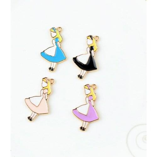 MRHUANG 10PCS 19*33mm Cute Fairy Tale Alice Princess Enamel Charms Gold Tone Pendant Oil Drop DIY Bracelet Floating Charms