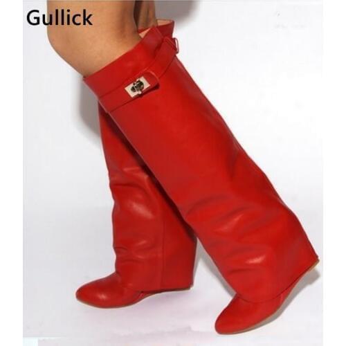 Red Boots Fold-Over Knee High Belted Boots Wedge Height Increase Hot Selling Boots 2019 Solid Multi-Color Winter Women Shoes