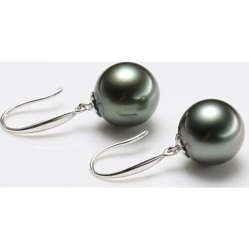 A Pair huge 11-12mm tahitian black perfet round pearl earring 925 silver