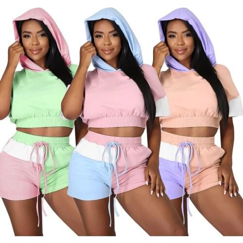 Casual Color Block Patchwork Short Tracksuit Women Sportswear Hooded Crop Top Drawstring Biker Shorts Slim Two Piece Set Outfits