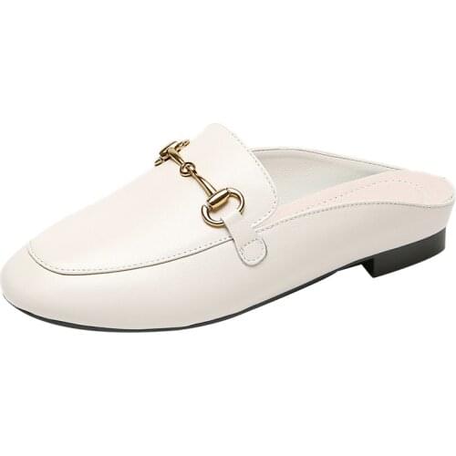 Grain Leather Fluffy Muller Lazy Sandals Shoes Fashion Square Toe Women Slippers Size 35-43