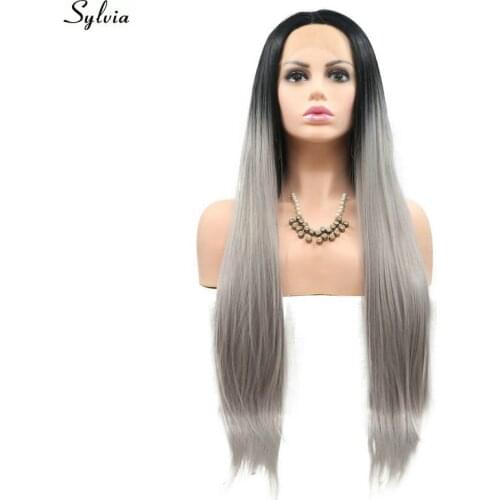 Sylvia Dark Root Ombre Pastel Grey Heat Resistant Fiber Silky Straight Light Gray Synthetic Lace Front Wig Middle Part Long Hair