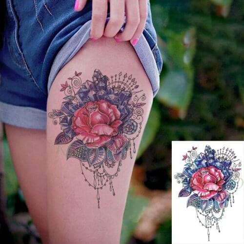 Waterproof Temporary Tattoo Sticker Red Rose Flower Diamond Necklace Fake Tatto Flash Tatoo Back Leg Arm Body Art for Girl Women