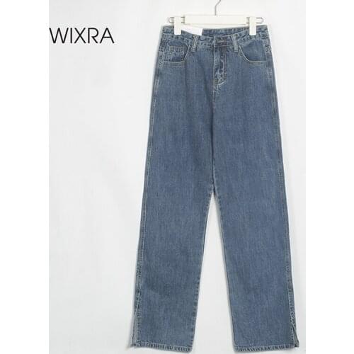 Wixra Womens Street Style Split Denim Long Pants Ladies Spring Summer High Waist Pockets Casual Cotton Jeans