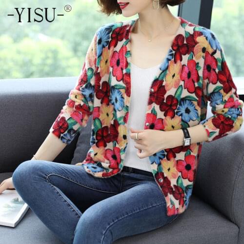 YISU Floral print cardigan Women Autumn Winter Sweaters Women V-Neck Thick Cardigan Coat Loose Imitation mink Cardigan Women