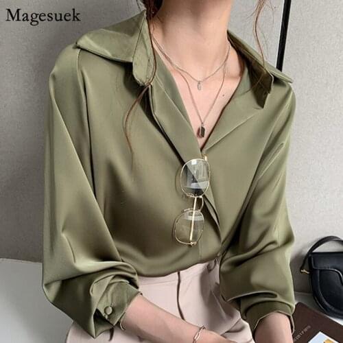 New Korean Women Solid Satin Blouse Plus Size Loose White Shirt Women Long Sleeve Female Shirts Office Casual Tops Mujer 11193