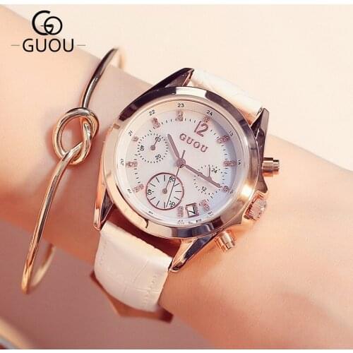 2019 Fashion Tri-Eye Female Cutaneous leather watchband Calendar Water Zicon Stone Crystal Watch Lady Classic Woman Watch G8132