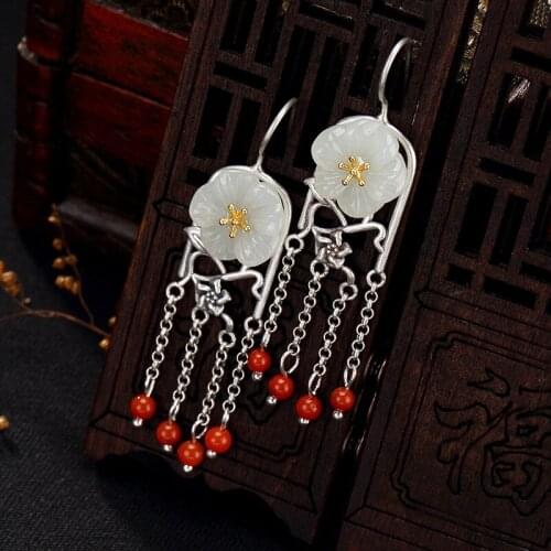 2018 Promotion Sale Natural Hetian Jade Bai Yuna Real S925 Pure Inlay Plum Flower Lady Tassels Eardrop Earrings Wholesale