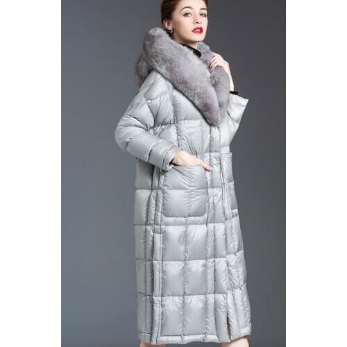 Female White duck down hooded rabbit fur collar jacket grey women mid-length thick gray down jacket lady long coat winter coats