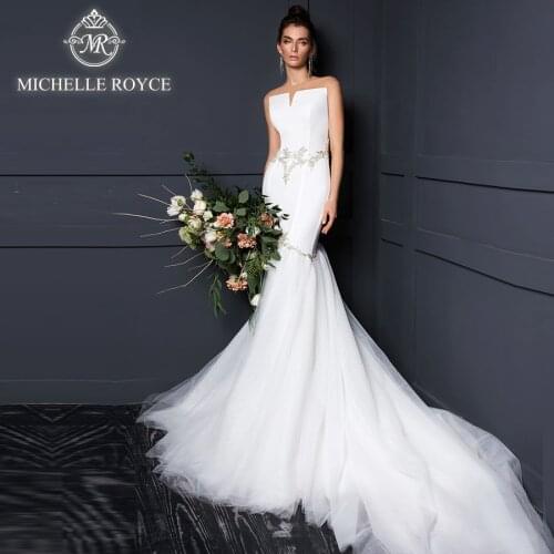 Michelle Royce Mermaid Wedding Dresses 2020 V-neck Strapless Elegant Sleeveless Backless Button Court Train Vestido De Novia