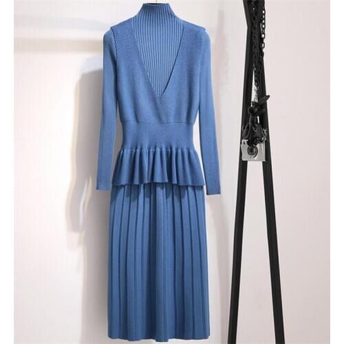 Medium And Long Two-piece Knit Slim Dress Female 2020 Spring New Slim Fashion Suit Base Skirt 2 Sets