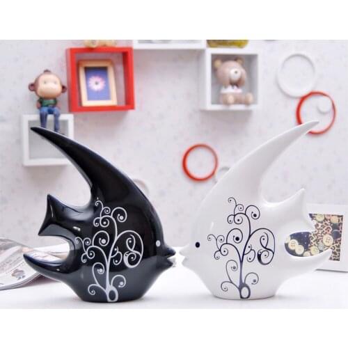 2 Pcs Par 24cm Height Swallow Pottery Fish Couple Kiss Porcelain Ornaments Modern Animals House Decoration Present