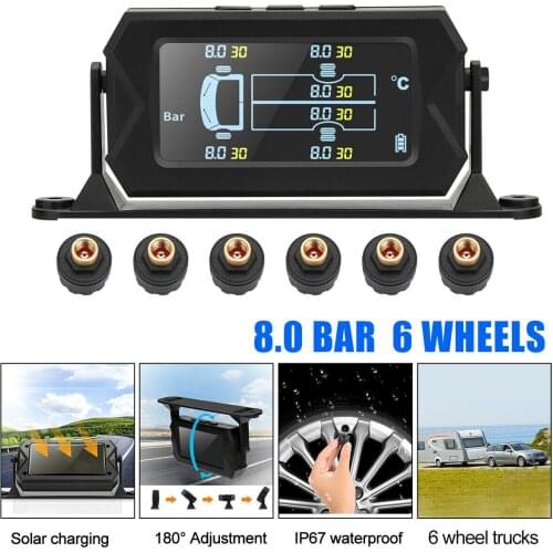 2021 Solar TPMS Car Tyre Pressure Monitor System Adjustable Mounting Bracket Solar/USB charging LCD Display+ 6 External Sensors