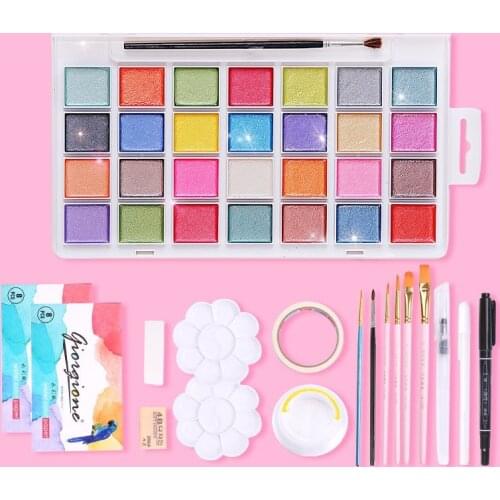 28/32Colors Pearl Watercolor Paint Solid Fluorescent Glitter Travel Water Color Pigment For Beginner Drawing Art Supplies