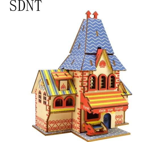 3D Wood Toys Flower Shop Color Puzzle for children DIY Beautiful Building Model Manual Assembly Game Learning Education Kids Toy