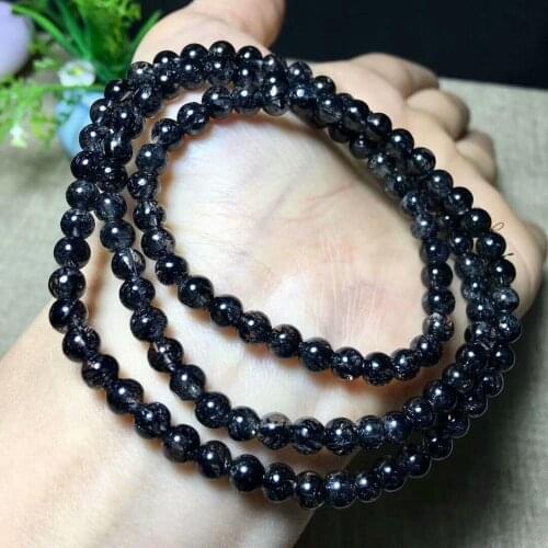 Free Shipping 3rows Natural Black Rutilated Quartz Crystal Beads Bracelet 5.6-5mm AAA