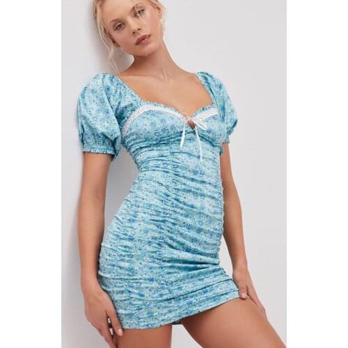 BOHO INSPIRED blue floral feminine sexy summer dress keyhold lace trim bodycon women dress new vitange puff sleeve party dress