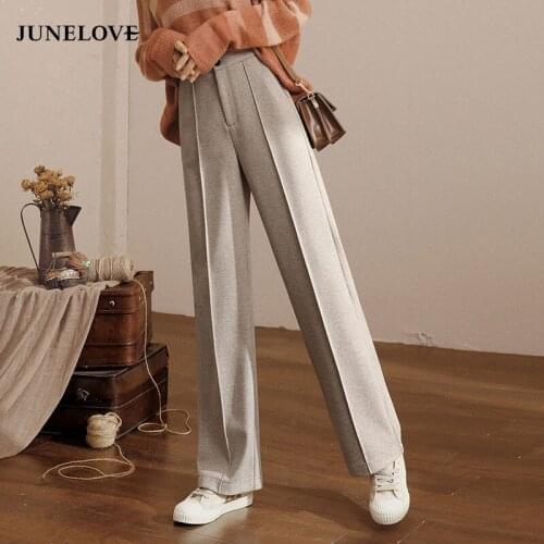 Autumn Winter Pants Women Elastic Waist Woolen Wide Leg Pants Thick Vintage Warm Long Pants High Waist Button Trousers Casual