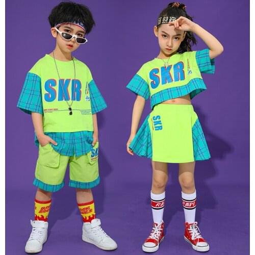 2021 Kids Hip Hop Street Dance Costume Summer Boys Sport Tops Shorts Girls Jazz Dancewear Green Suit Stage Show Clothes BL6026