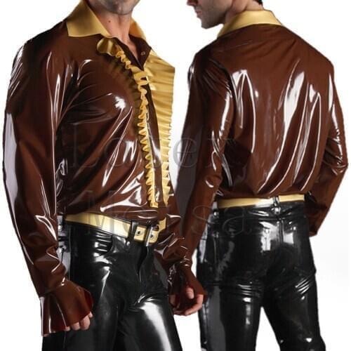 Mandarin sleeve design latex top shirt with front ruffles decorations in brown color