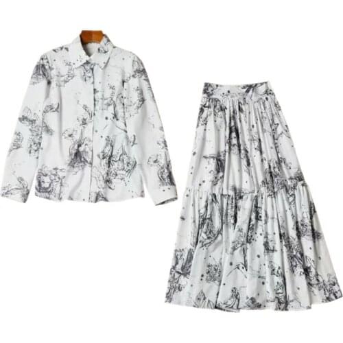 Women Clothing Outfits Animals Print Shirt And Midi Skirt Set