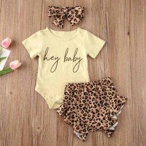 3pcs Infant Baby Girls Boys Clothes Sets Hey Baby Short Sleeve Bodysuit Tops+Leopard Shorts+Headband