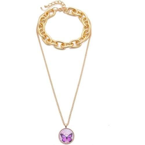 Multilayer Pendant Necklace Alloy Gold Color Round Circle Butterflies Shape Punk Hip Hop Long Choker Necklaces Gothtic Jewelry