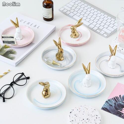 NOOLIM Nordic Luxury Gold-plated Ceramic Cute Rabbit Ornaments Jewelry Storage Tray Desktop Cute Small Dish Home Decoration