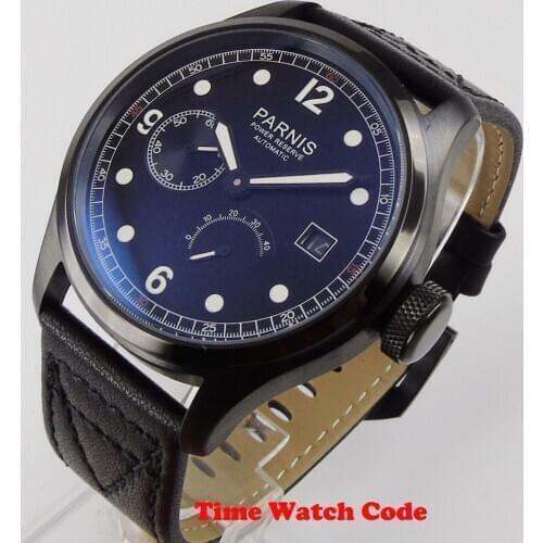 PARNIS 46mm Automatic Mens Wristwatch Power-reserve display Black dial ST2530 movement Auto Date PVD Coated luminous hands Watch