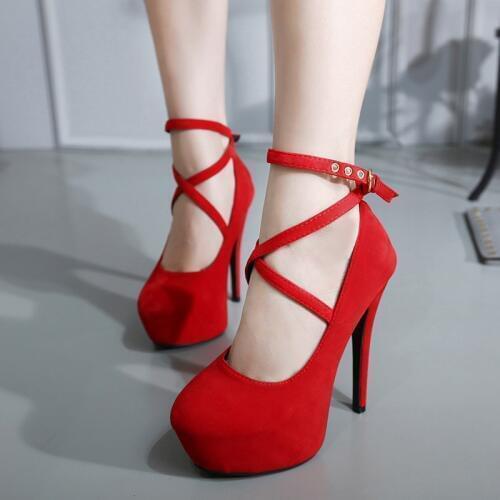 Sexy Big Pumps Women Red Thick Bottom Cross-tie 14 cm High Heels Office Ladies Shoes Soft Flock Bridal Single Footwear Size 42