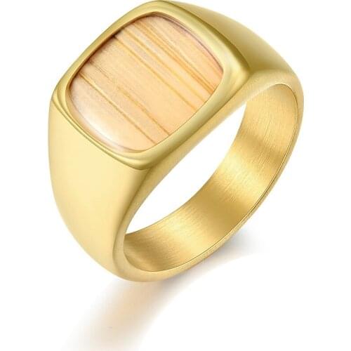 Titanium Steel Plated 18K Gold Color Inlaid Wood Mens Ring Black Rose Gold Color Square Ring