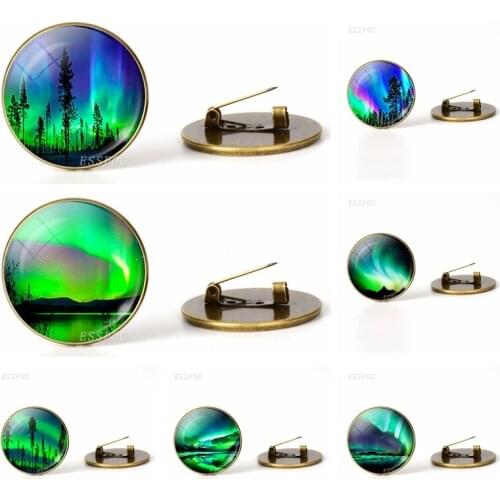 Green Natural Northern Lights Brooches Glass Cabochon Dome Jewelry Metal Bag Handmade Bronze Brooch Fashion Accessories Gift
