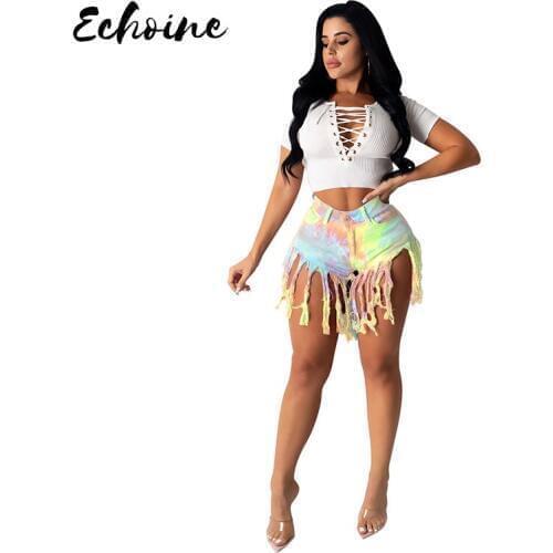 Women Tie Dye Print Tassel Mid Waist Sexy Ripped Jeans Shorts Fashion Summer Short Denim Trousers Pants Plus Size S-2XL